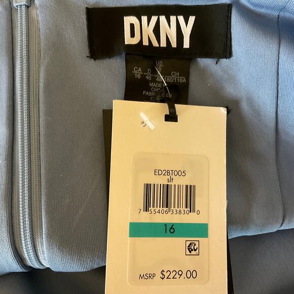 DKNY Satin Ruffled High Low Evening Gown Blue Size 16 Sleeveless V-Neck Dress - Picture 9 of 13